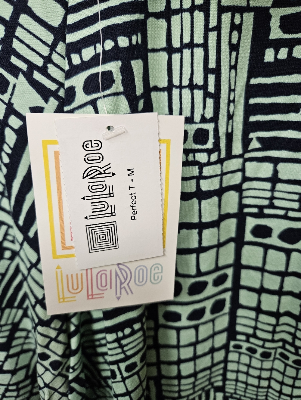 LuLaRoe Perfect T Mint and Navy Geometric Short Sleeve Tee Top Shirt - Picture 2 of 7